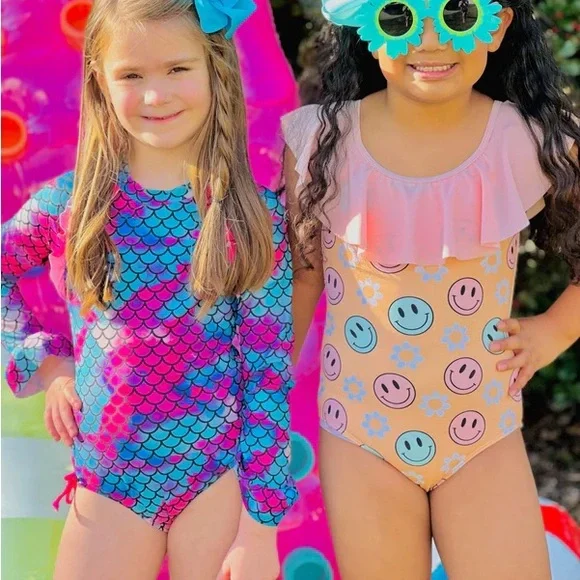 Girls Peach Smiles & Daisy Ruffle Neck One Piece Swimsuit